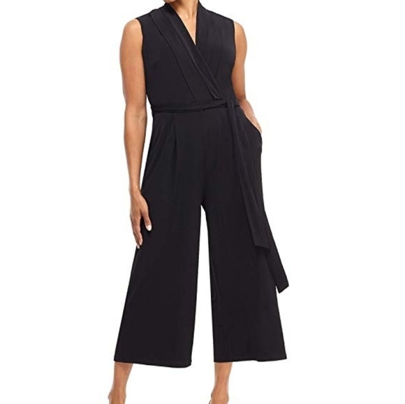LONDON Times Black Faux Wrap Cropped Jumpsuit